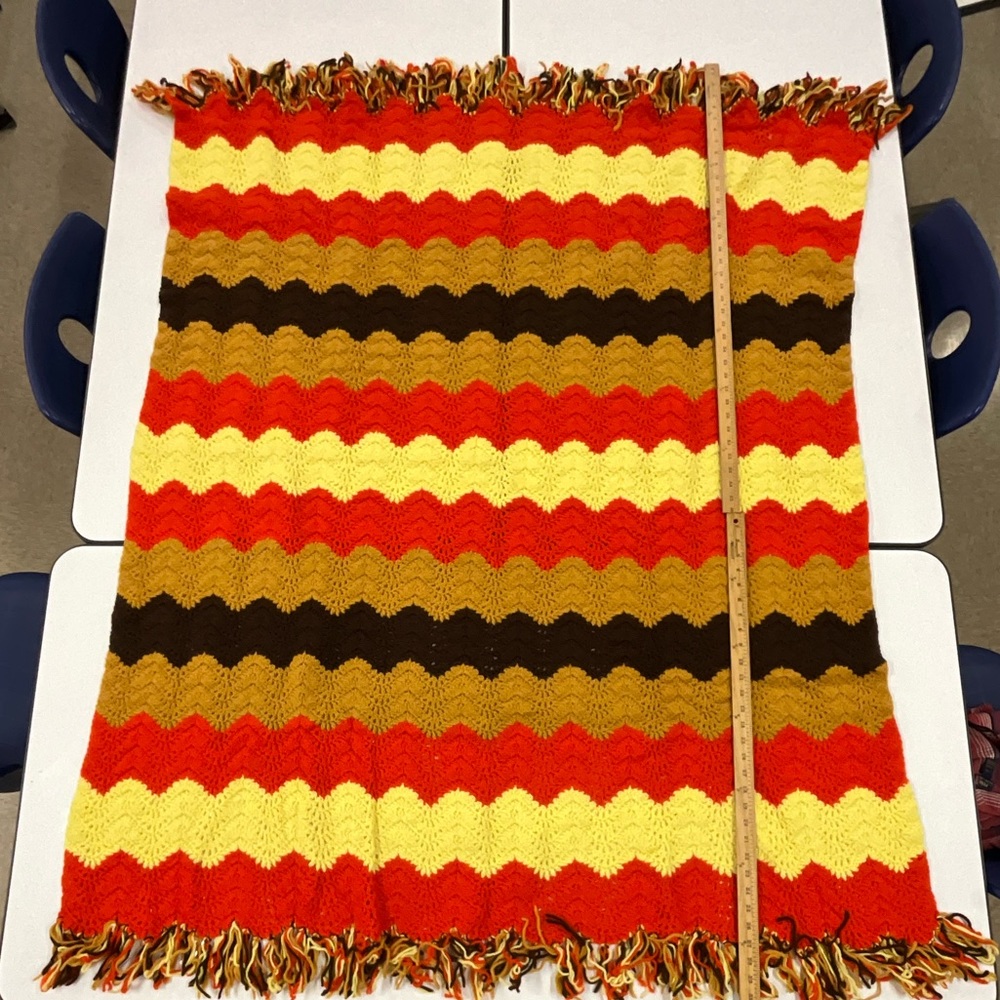 Vintage 70s Handmade Tight Crochet Afghan Brown, Orange, Yellow….54”x 66”